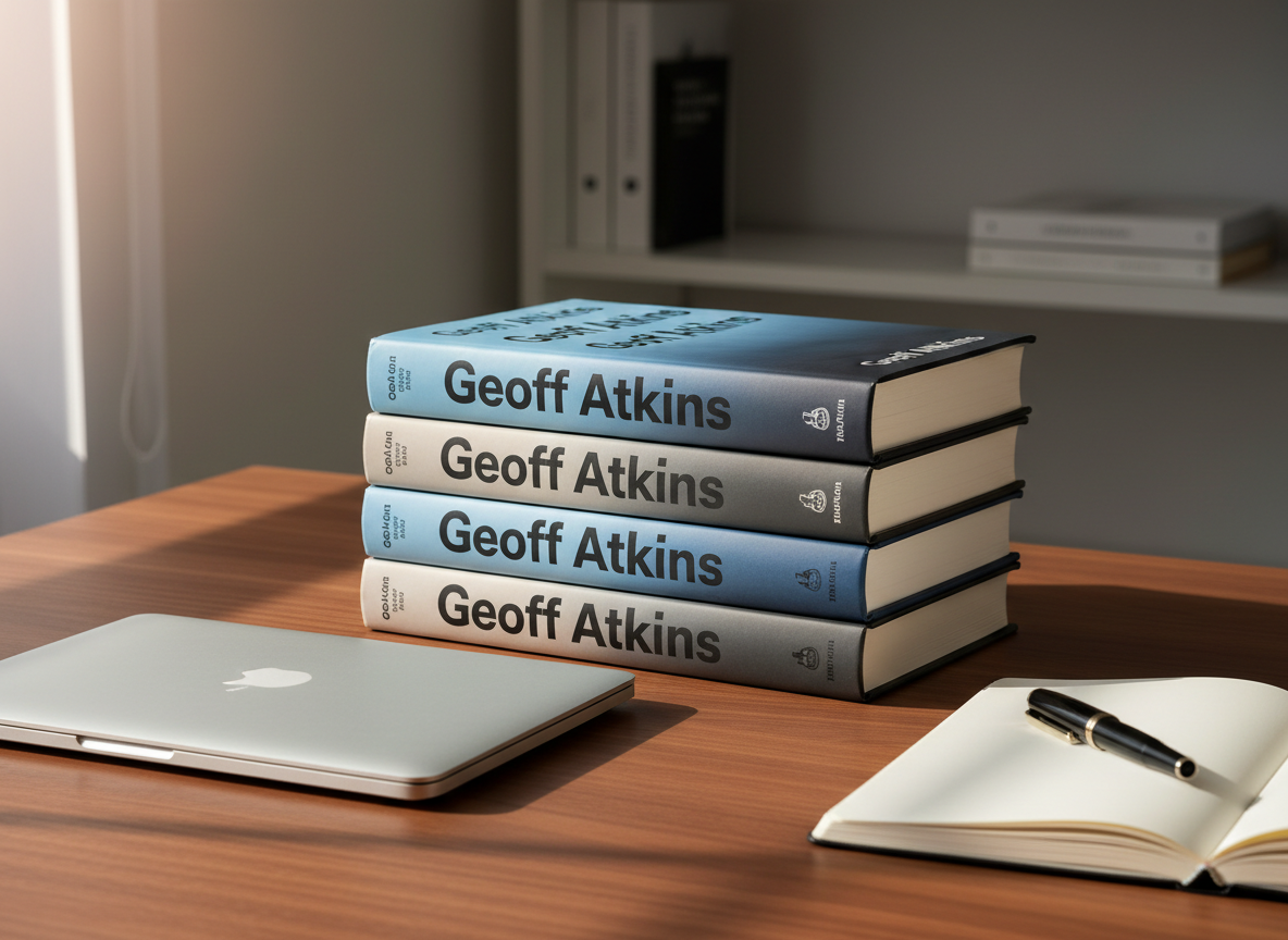 A neatly stacked arrangement of hardcover nonfiction books authored by Geoff Atkins, each with clean, modern dust jackets in muted blues, deep grays, and warm neutrals, featuring bold but understated typography. The books are positioned on a smooth walnut desk beside a closed, silver laptop and a black fountain pen resting on an open, blank notebook. Soft morning sunlight from a nearby window washes across the surface, creating gentle highlights along the book spines and faint, elongated shadows. Photographic realism with a professional, editorial feel, shot at eye level with a shallow depth of field that subtly blurs a minimalist bookshelf in the background, conveying focus, credibility, and quiet intellectual energy.