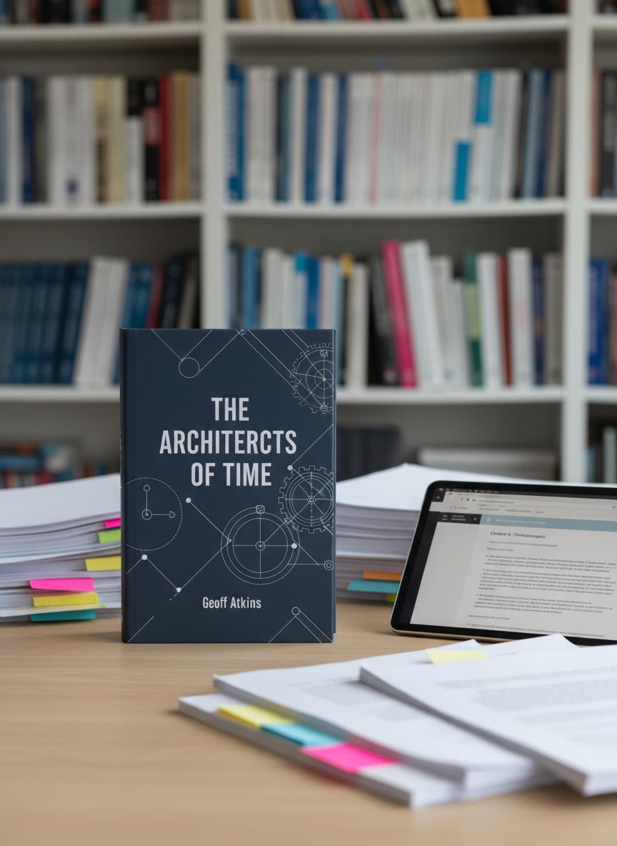 A single prominent nonfiction book by Geoff Atkins standing upright in the foreground, its matte navy cover featuring a minimalist geometric design and crisp white title text, placed on a clean, light oak table. Around it lie a few neatly arranged sticky-noted manuscripts and a slim tablet displaying a draft chapter. Soft, diffused overcast light from an unseen window gives the scene even illumination with minimal shadows. The background, artfully blurred, shows an organized bookshelf filled with reference texts and research binders. Captured in photographic realism from a slightly low angle, rule-of-thirds composition, the mood is serious, focused, and professional, ideal for an author’s portfolio homepage hero image.